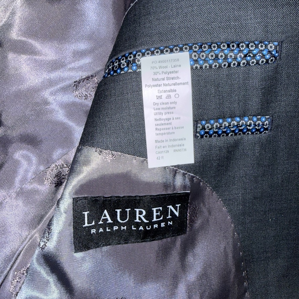 Lauren Ralph Lauren Mens 42R Gray Wool Blend Two Button Blazer Jacket Stretch - Picture 3 of 4